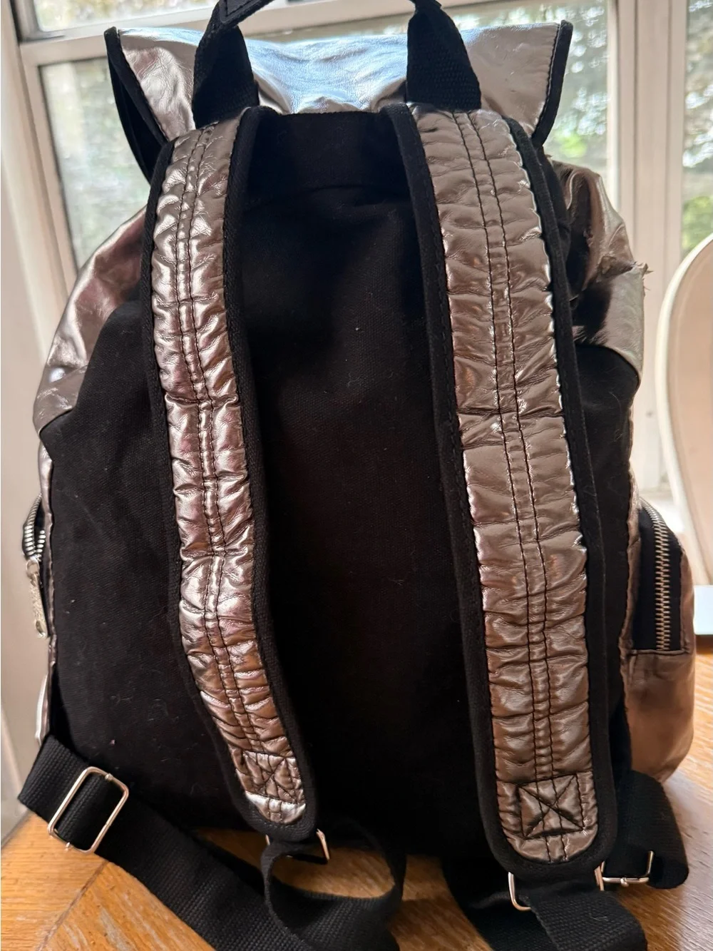 PINK Victoria's Secret Metallic Pewter Backpack with Black Trim